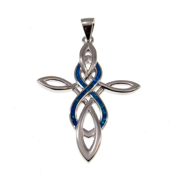 Solid 925 Sterling Silver and Blue Opal Celtic Cross & Infinity Knot Pendant - Picture 1 of 5